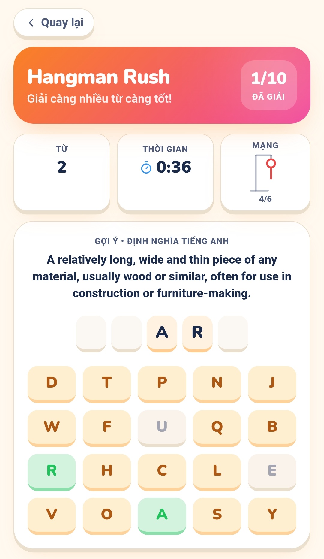Ảnh chụp game từ vựng Hangman Rush tại Hoctumoi